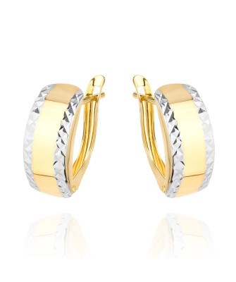 Gold earrings diamond-cut on both edges two colors of gold rounded