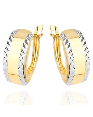 Gold earrings diamond-cut on both edges two colors of gold rounded