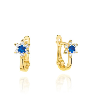 Gold flower earrings with zirconia and a navy blue center