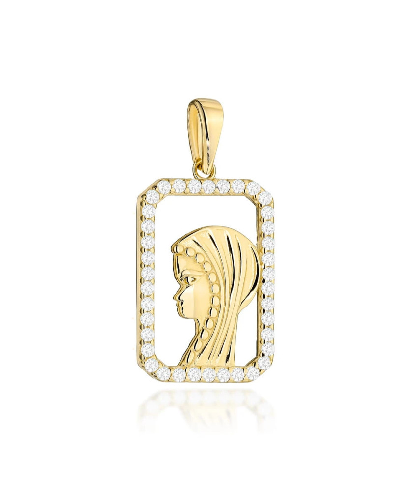 Gold medal with the image of the Virgin Mary in a rectangular zirco...