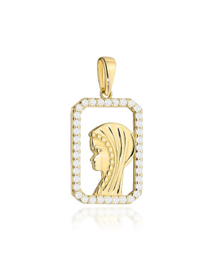 Gold medal with the image of the Virgin Mary in a rectangular zirco...