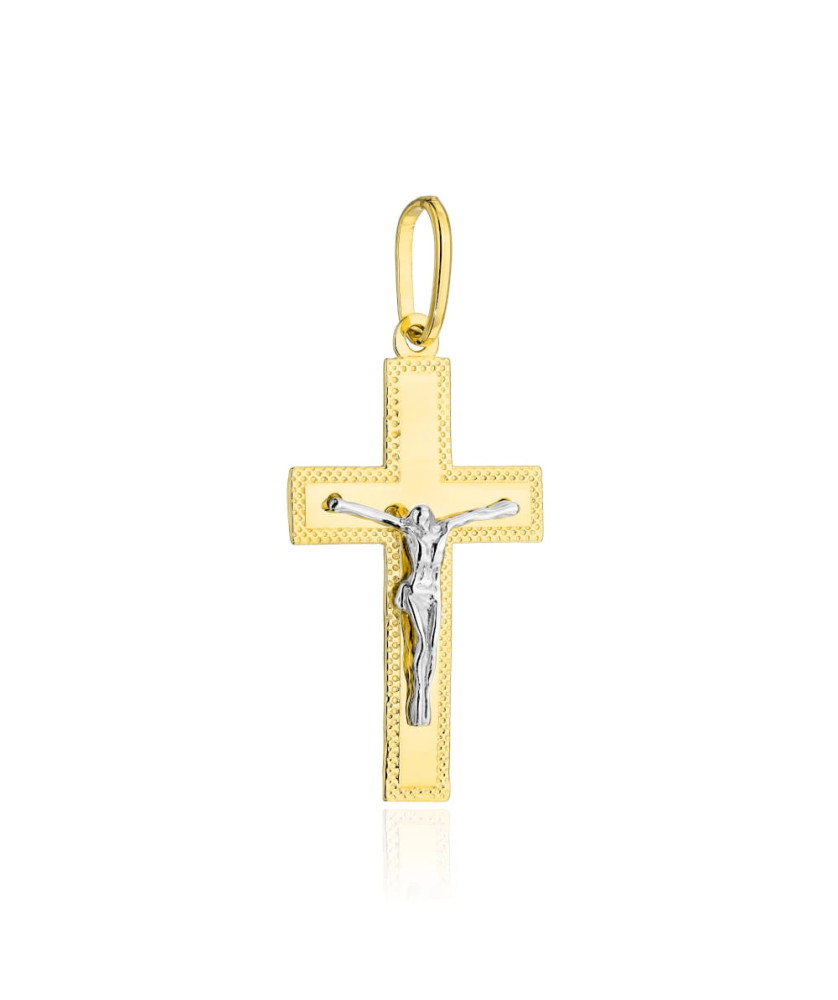 Golden cross decorated with diamond cutting with Jesus in two color...