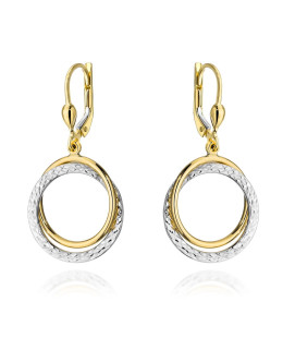 Gold dangling hoop earrings in two colors of gold