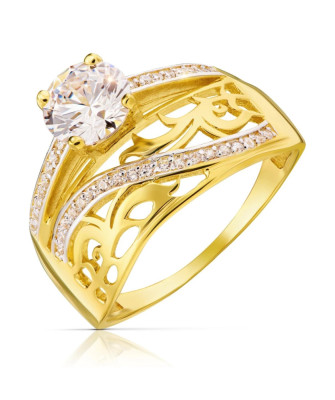 14k Gold Wide Ring with White Stones – Elegant Openwork Design