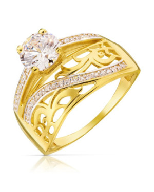 14k Gold Wide Ring with White Stones – Elegant Openwork Design