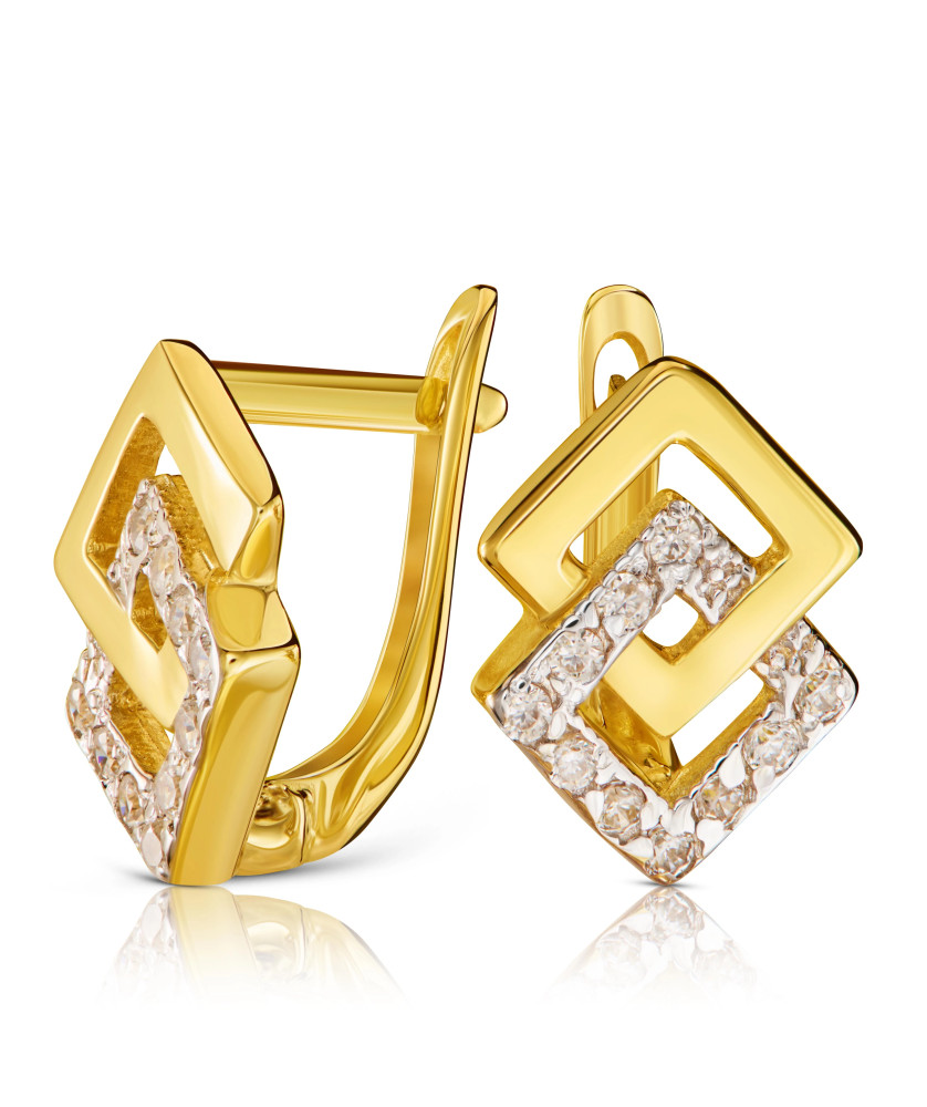 14k gold earrings rhombuses double white stones