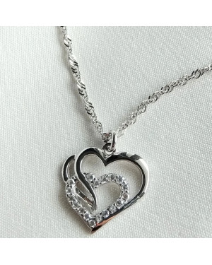 925 Silver Double Heart Necklace with White Stones