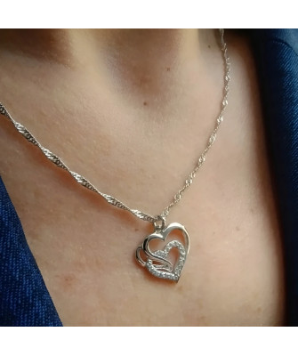 925 Silver Double Heart Necklace with White Stones