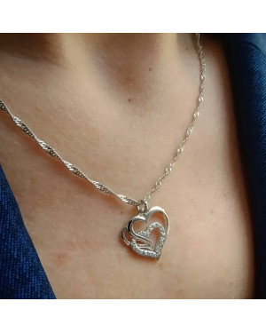 925 Silver Double Heart Necklace with White Stones