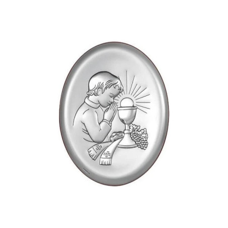 Oval silver communion souvenir for a boy