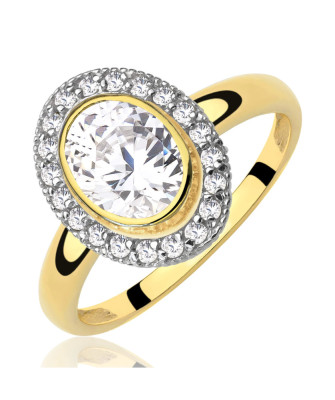 14k Gold Ring with Large Oval Zirconia – Double Halo Design