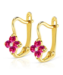 Kolczyki złote dla dziewczynki próba 375 rubinowe cyrkonie na angielskim zapięciu
