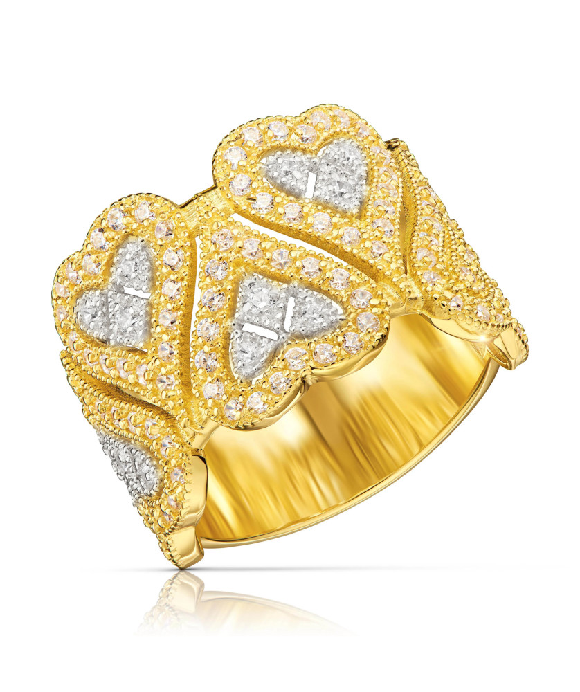 8k Gold Wide Ring with Heart Motifs & White Zirconia