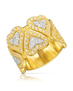 8k Gold Wide Ring with Heart Motifs & White Zirconia
