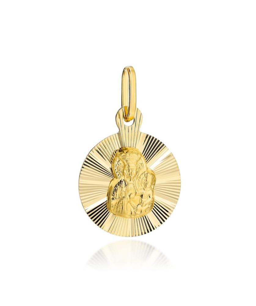 Medalik złoty Matka Boska Częstochowska w kółku z promieniami