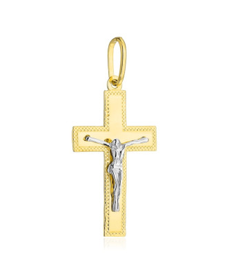 Krzyżyk złoty zdobiony diamentowaniem z Jezusem w dwóch kolorach złota duży