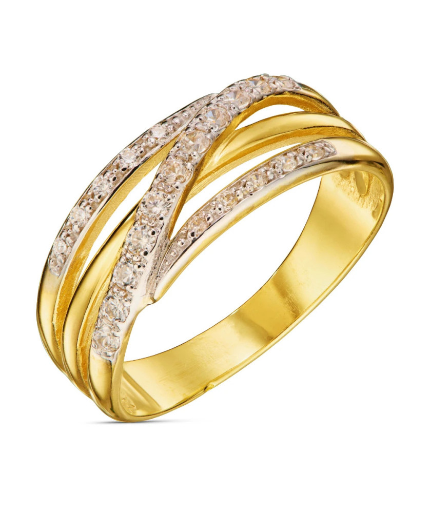 Wide 14k Gold Ring with White Zirconia Stripes