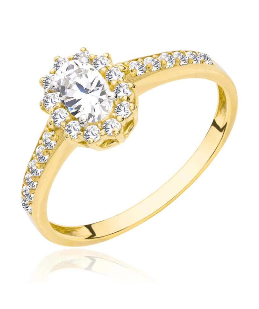 14k Gold Ring with Oval Cubic Zirconia – Halo Design & Side Stones