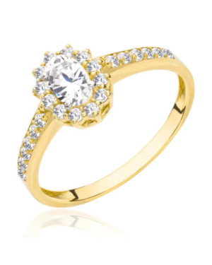 14k Gold Ring with Oval Cubic Zirconia – Halo Design & Side Stones