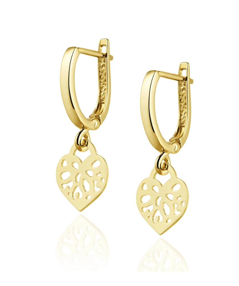 14k Gold Dangling Earrings with Oriental Heart Motif
