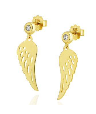 14k Gold Dangling Wing Earrings with Zirconia – Elegant Gold Earrings