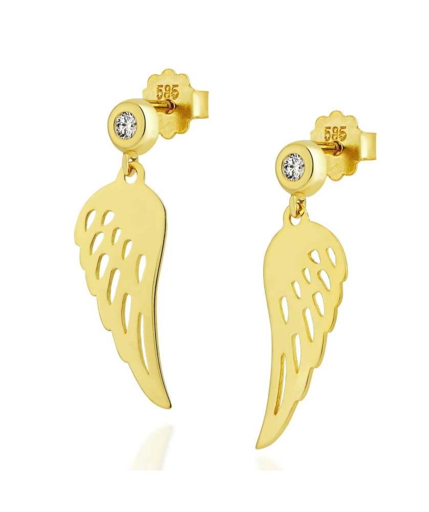 14k Gold Dangling Wing Earrings with Zirconia – Elegant Gold Earrings
