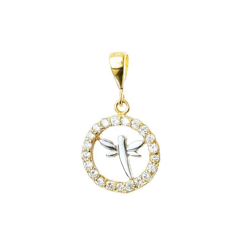 Round gold pendant with zircons, DRAGONFLY W2.1207 | GoldJewellery